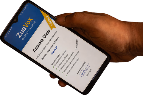 Certificat ZuaVox affiché sur un téléphone
